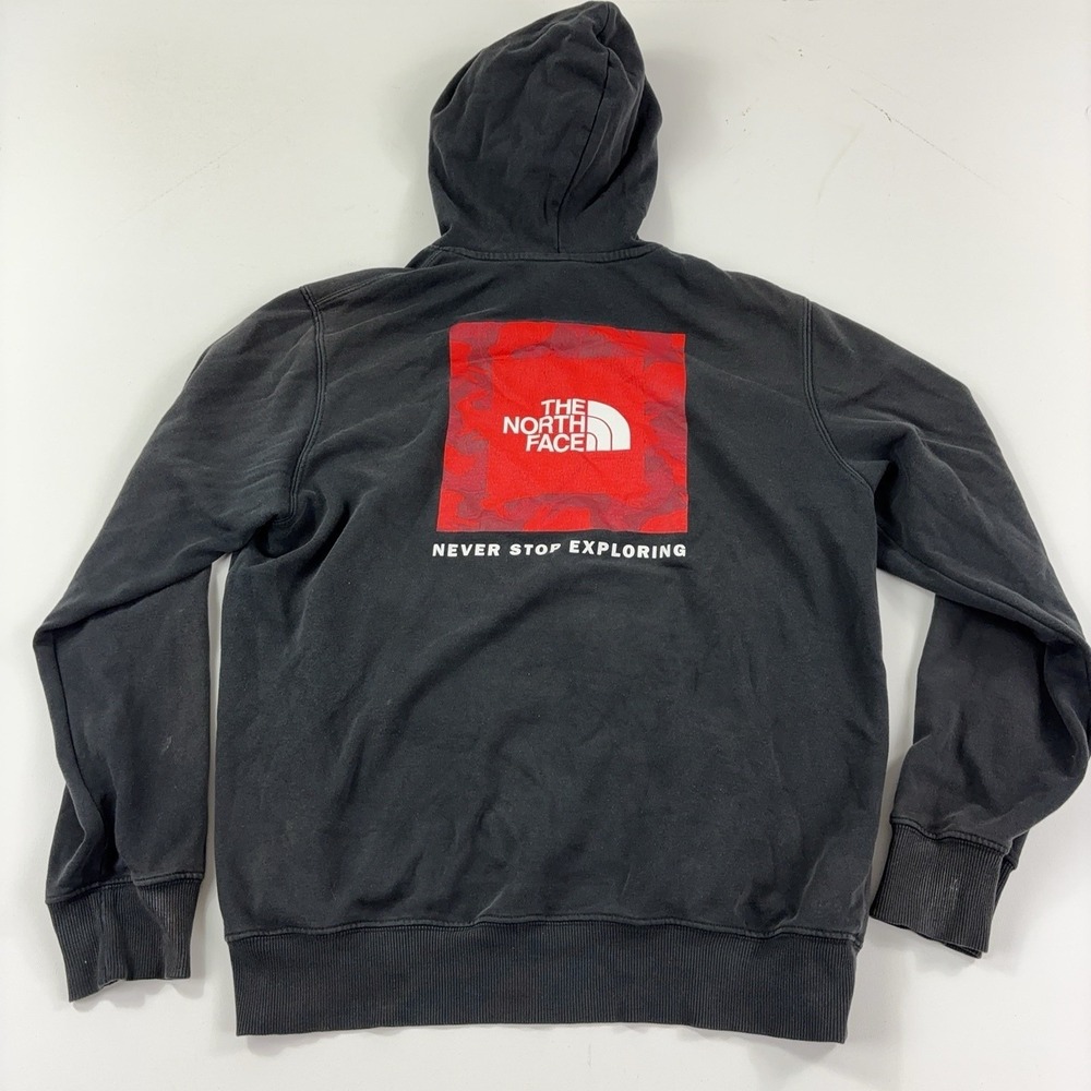 The North Face Hoodie Mens M Black Pullover Fleece Red Box Logo Graphic